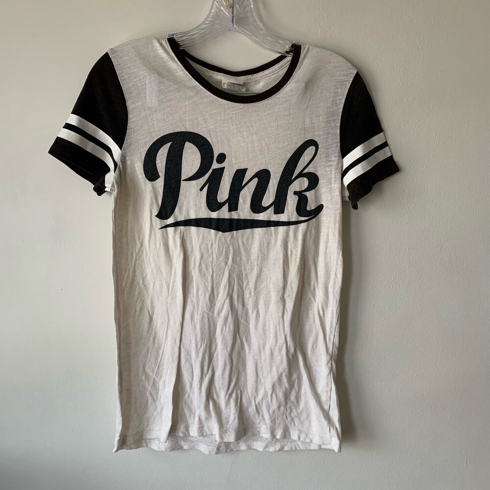 Victoria’s Secret Pink Raglan Baseball Tee Black and Cream Size XS